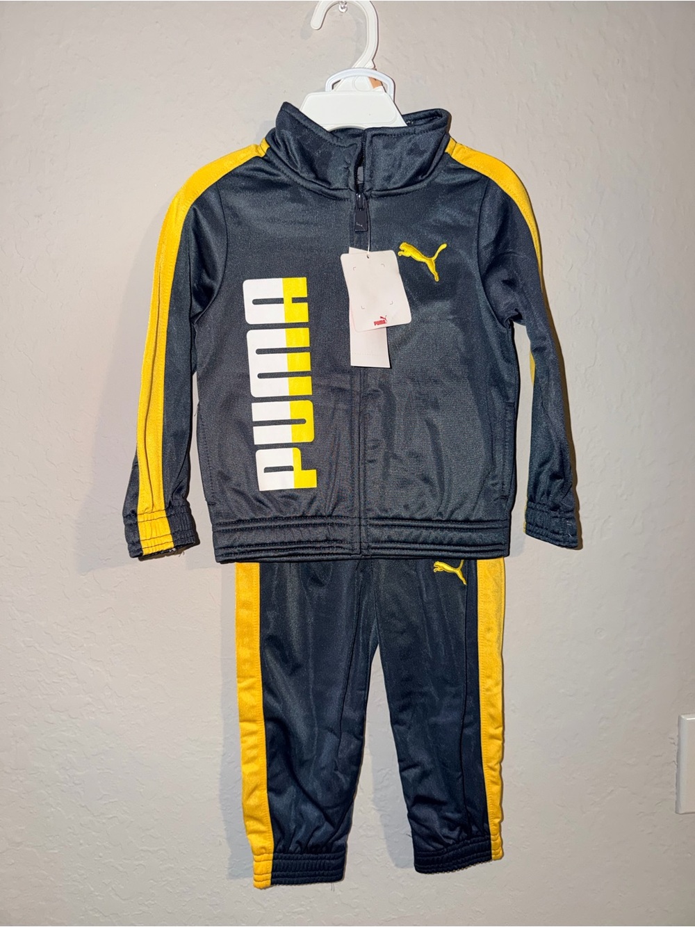 PUMA Kids 2T Tracksuit 2 Piece Jacket Pants Set Black Yellow NWT